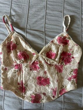 Windsor Cream Lace Crop Top Corset with Pink Floral Print
